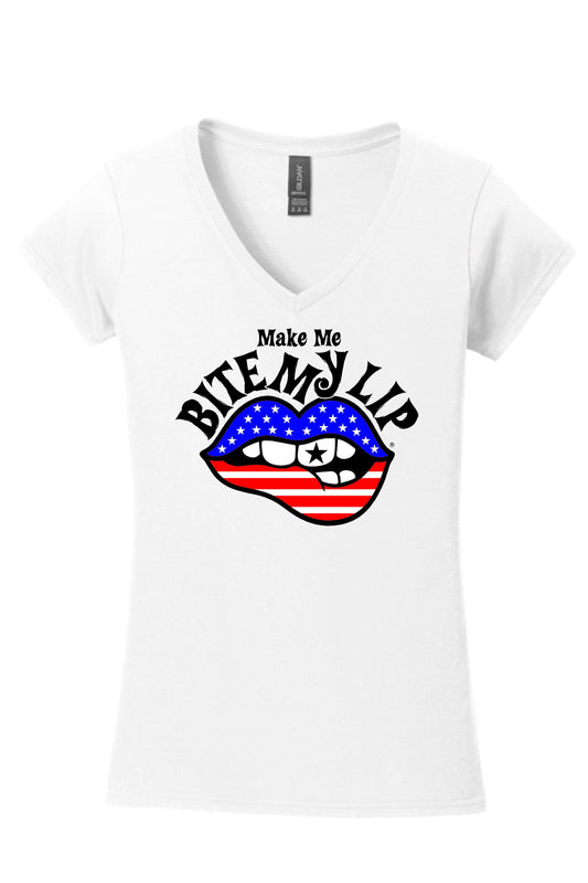 LADIES "Make Me Bite My Lip" Limited Edition PATRIOTIC Fitted V NECK T-Shirt