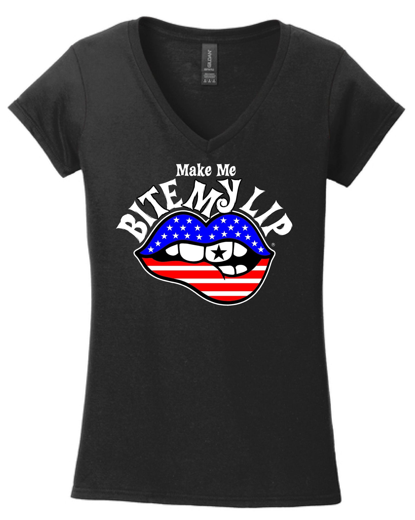 LADIES "Make Me Bite My Lip" Limited Edition PATRIOTIC Fitted V NECK T-Shirt